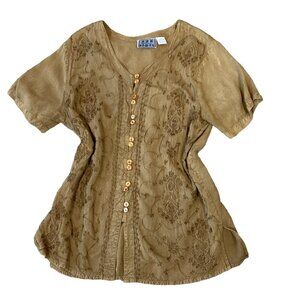 MPH Collection BOHO Button-Up Short Sleeve Embroidered Tunic Top 3X 284H